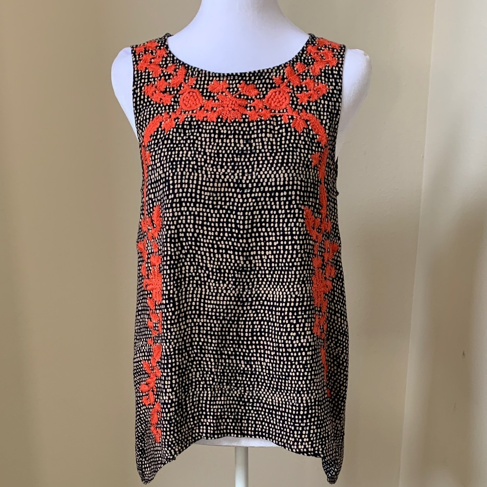 THML Sleeveless Black Blouse with Orange Embroidered Flowers & Cream Dots - Picture 1 of 15